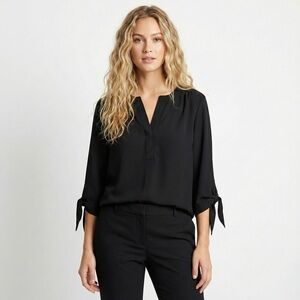 Trina Turk Bees Knees Top Small Black Tie Sleeve V-Neck Blouse Career Luxe